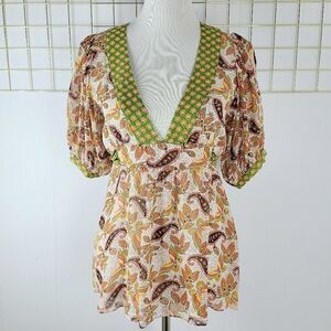 Anthropologie Fei Silk Y2K Babydoll Orange Green Paisley Puff Sleeve Top